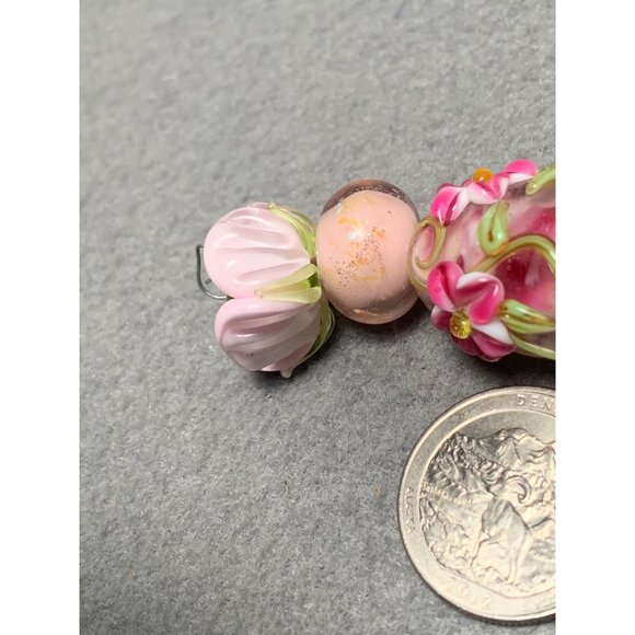 Handcrafted Lampwork Floral Glass Beads Set - Pink & Green - Picture 4 of 7
